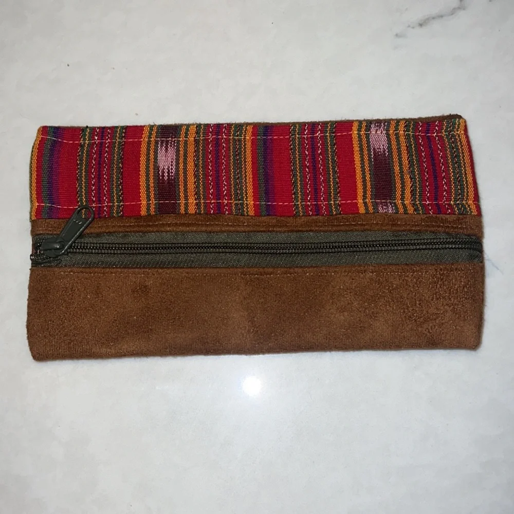 Brown Suede & Multicolor Caribbean Zip Up Clutch Pouch 9x5” Colorful Stripe - Picture 3 of 4